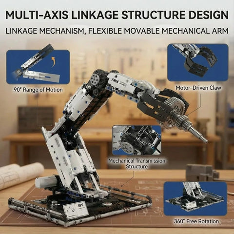Front view of Amazon STEM Remote Control Robotic Arm Building Kit with white and black plastic and motor-driven claw