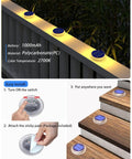 Solar Step Lights Outdoor Waterproof 4 Pack Warm White Flat Lights For Stairs with easy installation steps shown.