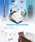 7-In-1 Foldable European Travel Plug Adapter With 4 AC Outlets 2 USB-A Ports And USB-C Fast Charge showing travel usage in Europe
