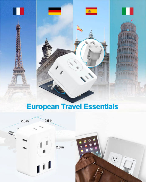 7-In-1 Foldable European Travel Plug Adapter With 4 AC Outlets 2 USB-A Ports And USB-C Fast Charge showing travel usage in Europe