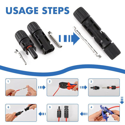 Assembly steps for 16 Piece Solar Panel Connector Kit IP67 Waterproof 1000V 30A Male And Female Connectors Eight Pairs With Two Spanners