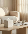Leather Square Tissue Box Cover with Magnetic Closure on coffee table in living room setting