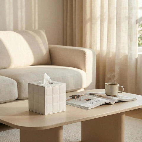 Leather Square Tissue Box Cover with Magnetic Closure on coffee table in living room setting