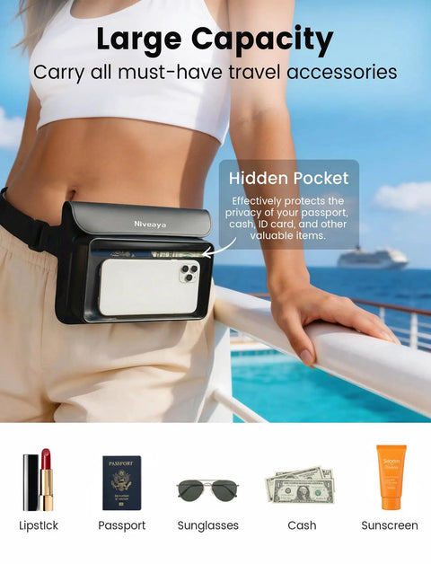 Person wearing Triple Seal IPX8 Waterproof Fanny Pack With Touch Screen Dry Bag for Kayaking and Water Sports showing large capacity.