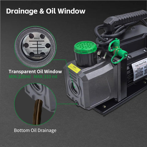 Heavy Duty One Third Hp Hvac Vacuum Pump And Four Way Ac Manifold Gauge Kit With Digital Leak Detector For R134a R410a Auto Ac Service showing the transparent oil window and drainage.
