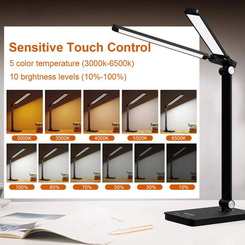 Led Desk Lamp For Home Office With USB Charging Port, Rotatable Aluminum Piano Lamp For Upright Piano, Eye Caring Reading Light In Glossy Black