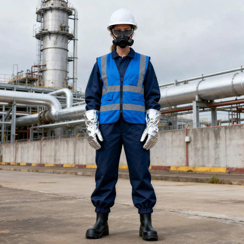Top Shelf Welding Goggles 4 Pack With Splash Resistant Lens And Impact Rated Frame, worker in safety gear and gloves at industrial site.