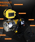 Rock Solid 1HP Water Pressure Booster Pump With Automatic Switch For Whole Home Water Flow and Shallow Well Jobs Featuring Heavy Duty Stainless Steel Build; showing stainless steel head and control features.