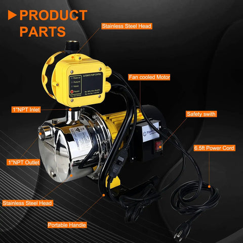 Rock Solid 1HP Water Pressure Booster Pump With Automatic Switch For Whole Home Water Flow and Shallow Well Jobs Featuring Heavy Duty Stainless Steel Build; showing stainless steel head and control features.