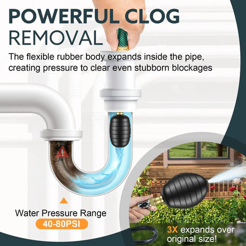No Sweat Hydraulic Drain Bladder Kit That Clears Stubborn Pipe Blockages Like A Boss For Bathroom Sinks Showers And Pool Lines Safe Eco Friendly Tool expanding in pipe demonstrating powerful clog removal.