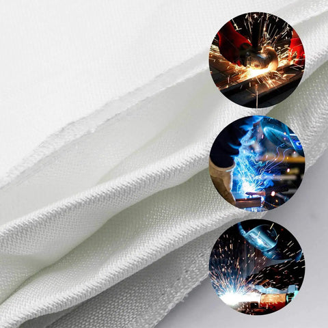 Close-up of Heavy-Duty Welding Blanket For Sparks And Heat Protection, Fiberglass Fire Blanket, showing fabric with welding scenes insets.