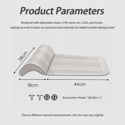 Brown leather car seat leg extender cushion dimensions, 38cm x 44cm, designed for Mini Cooper SE for extra legroom.