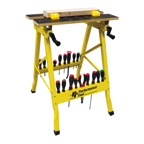Portable All In One Workbench With Vise 200 Lb Capacity Folding Design For Easy Carry On The Go Printed Grid Tabletop With Ruler And Protractor One Handed Clamp System Jaws Resist Warping Yellow