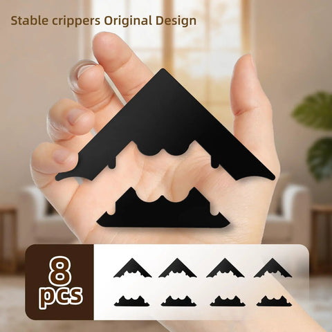 Hand holding a black corner piece of Rug Pad Gripper 8 Pack Reusable Non Slip Pads For Hardwood Floors And Tiles No Damage Keeps Corners Flat Double Sided Adhesive Area Rugs Easy Install Fits Any Room Decor, with a display of all 8 pieces below.