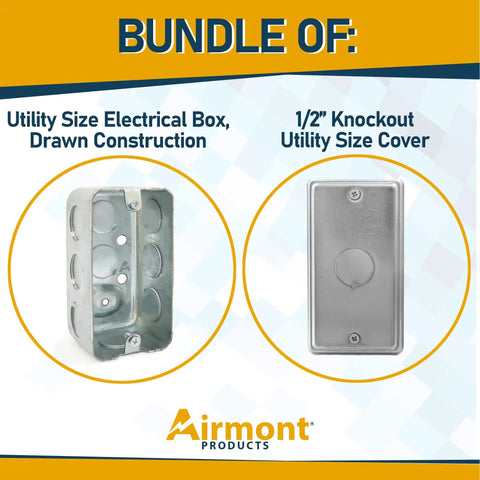 Pro Grade 4x2 Inch Utility Electrical Box And Cover Pack With Ten 1/2 Inch Knockouts, Drawn Construction, galvanized steel