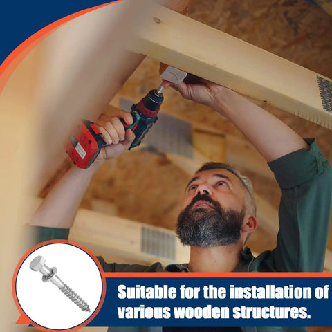 Person using drill with 40 Pack One Half Inch By Four Inch Stainless Steel Lag Bolts With Forty Washers Kit For Outdoor Wood Projects