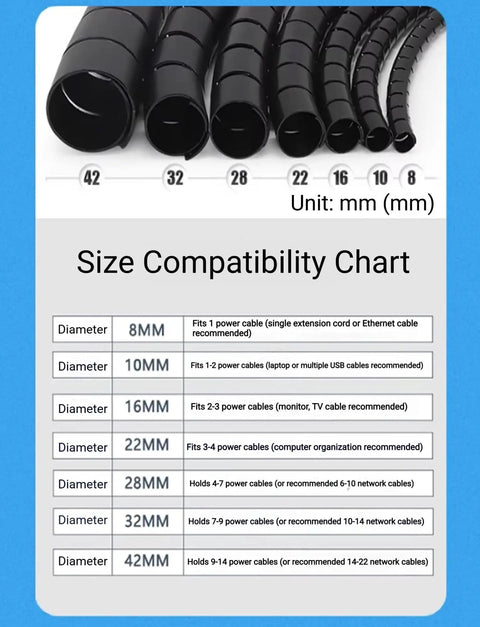 16.4 Feet Spiral Cable Wrap That Makes Winding A Breeze Coiled Cord Sleeve Tube Cover For Electrical Wires No Fuss Wire Organizer Kit Black 1.1 In Diameter size chart