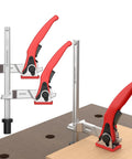 Three Quarters Inch Bench Dog Clamp For MFT Workbenches, Must Have Quick Fix Hold Down Clip in use on workbench