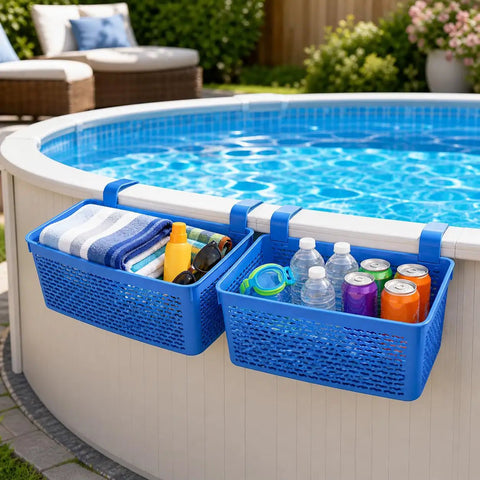 Two Pack XL Poolside Storage Baskets For Above Ground Pools Blue Easy Access Organizer Keeps Toys Goggles Drinks Neat And Within Reach Universal Fit For Most Frame Pools Up To 2.6 Inches Diameter Made In Europe