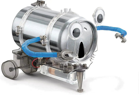 Tin Can Robot Kit For Kids 8 Plus DIY Science STEM Project Built From A Recycled Can To Build A Bug Eyed Robotic Buddy For Boys And Girls Learning Through Play. silver tin can robot kit with blue arms and wheels, front view