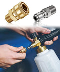 4 pairs of 1/4 in NPT pressure washer quick-connect couplers; brass and stainless fittings installed on spray gun.