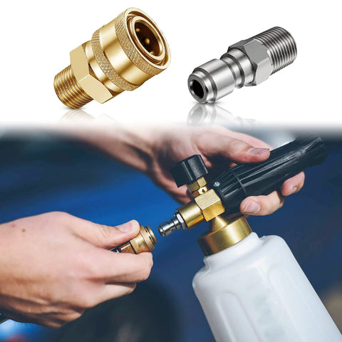 4 pairs of 1/4 in NPT pressure washer quick-connect couplers; brass and stainless fittings installed on spray gun.