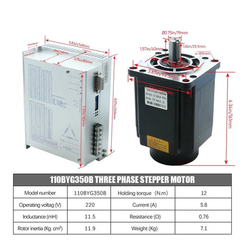 110mm 3 Phase Stepper Motor With HB3822MA Driver No Brake, High Torque Hybrid Control For CNC Machines, Smooth Motion, Precise Positioning, 8Nm To 20Nm Torque Range For Industrial Use. dimensions shown with driver