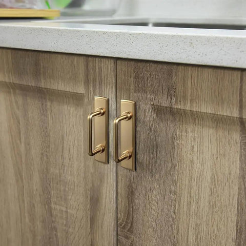 Champagne Bronze Cabinet Pulls With Escutcheon Backplates on wooden kitchen cabinets, Sleek 3 Inch Hole Center Modern Kitchen Drawer Handles