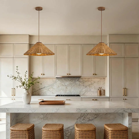 DLITISH 19'' Hand Woven Rattan Pendant Light with Glass Shade above a kitchen island with rattan bar stools.