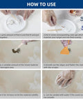 Step-by-step guide using All In One Tile, Granite And Countertop Repair Kit For Chips, Dents, Cracks And Scratches On Marble Porcelain Stone And Quartz Surfaces; Fix Chipped Edges, Corners And Reattach Missing Pieces.