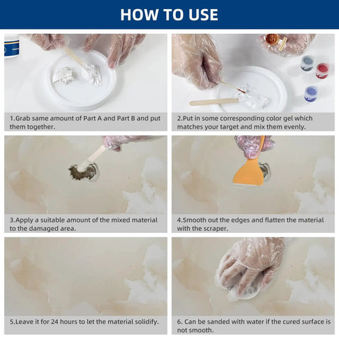Step-by-step guide using All In One Tile, Granite And Countertop Repair Kit For Chips, Dents, Cracks And Scratches On Marble Porcelain Stone And Quartz Surfaces; Fix Chipped Edges, Corners And Reattach Missing Pieces.