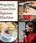Espresso-themed collage: cleaning message, espresso machine with red cup, and a woman drinking coffee.