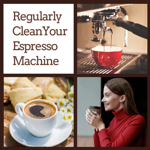 Espresso-themed collage: cleaning message, espresso machine with red cup, and a woman drinking coffee.