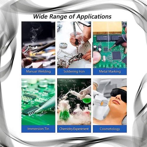 Applications of 150W Solder Fume Extractor With Beast Suction Hose For Soldering, including welding and cosmetics