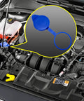 Engine bay with blue windshield washer fluid reservoir cap installed, Windshield Washer Fluid Reservoir Cap Replacement for Focus and Transit Vans 2012-2022 Fits Focus, Transit Connect, Transit 150 250 350 350HD Seals Properly and Regulates Pressure Replaces CP9Z-17A605-A CP9Z17A605A in a circular highlight