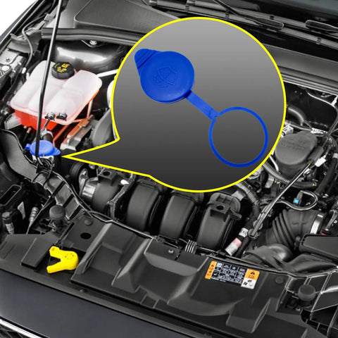 Engine bay with blue windshield washer fluid reservoir cap installed, Windshield Washer Fluid Reservoir Cap Replacement for Focus and Transit Vans 2012-2022 Fits Focus, Transit Connect, Transit 150 250 350 350HD Seals Properly and Regulates Pressure Replaces CP9Z-17A605-A CP9Z17A605A in a circular highlight