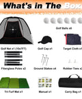 Backyard Golf Hitting Net 10x7 Feet With Silent Velvet Target Portable Practice Net contents, including net, balls, and accessories.