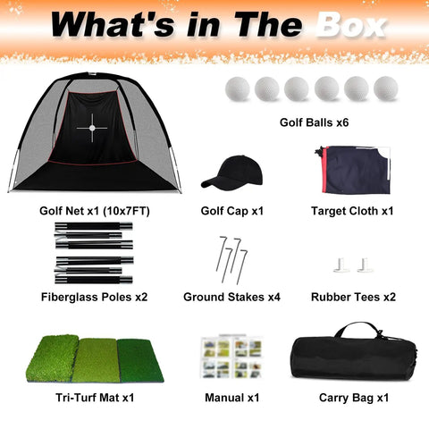 Backyard Golf Hitting Net 10x7 Feet With Silent Velvet Target Portable Practice Net contents, including net, balls, and accessories.