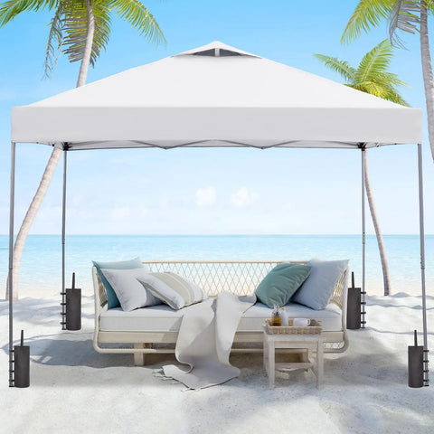 One Person Setup Ready 10x10 Pop Up Canopy Tent With Sandbags, Easy Up Gazebo on a beach, white roof, waterproof sunproof fabric