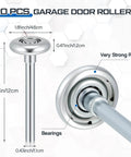 Beefed Up 20 Pack Steel Garage Door Rollers Replacement Kit With 1.8 Inch Wheels And 10 Ball Bearings For 2 Inch Tracks, 4 Inch Stem, Galvanized Construction, Ideal For Residential And Commercial Garage Doors displayed with dimensions and features