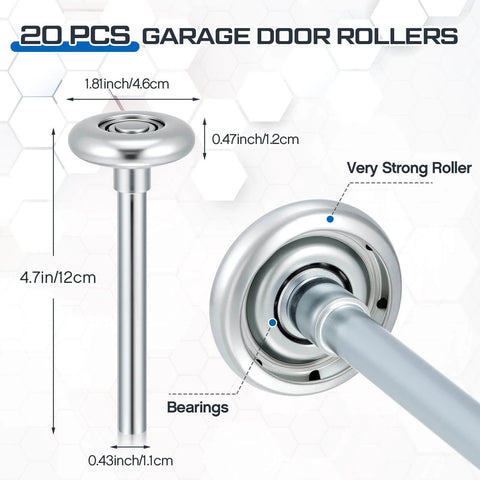 Beefed Up 20 Pack Steel Garage Door Rollers Replacement Kit With 1.8 Inch Wheels And 10 Ball Bearings For 2 Inch Tracks, 4 Inch Stem, Galvanized Construction, Ideal For Residential And Commercial Garage Doors displayed with dimensions and features