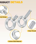 Shoulder Eye Bolt Set One Quarter Inch By One Half Inch Four Pack Carbon Steel Lifting Eye Bolts With Threads For Hoisting Rigging And Load Securing In Industrial And DIY Projects Heavy Duty Beefy Pro Grade Gear product details showing sturdy design and clear threads.