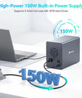 Top Tier Five Bay External Hard Drive Enclosure Built Different With Sleek Aluminum Chassis and Plug And Play Powerhouse USB 3.0 Interface For 3.5 And 2.5 Inch SATA HDD SSD Supporting A Massive 120TB Direct Attached Storage System with 150W power supply.