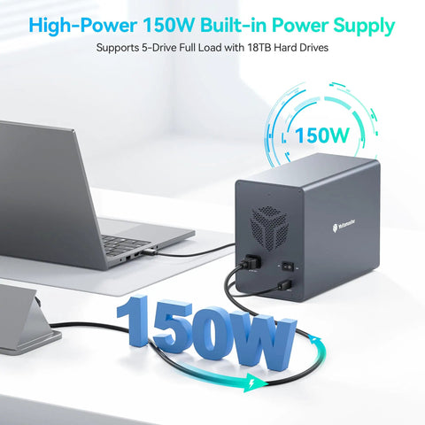 Top Tier Five Bay External Hard Drive Enclosure Built Different With Sleek Aluminum Chassis and Plug And Play Powerhouse USB 3.0 Interface For 3.5 And 2.5 Inch SATA HDD SSD Supporting A Massive 120TB Direct Attached Storage System with 150W power supply.