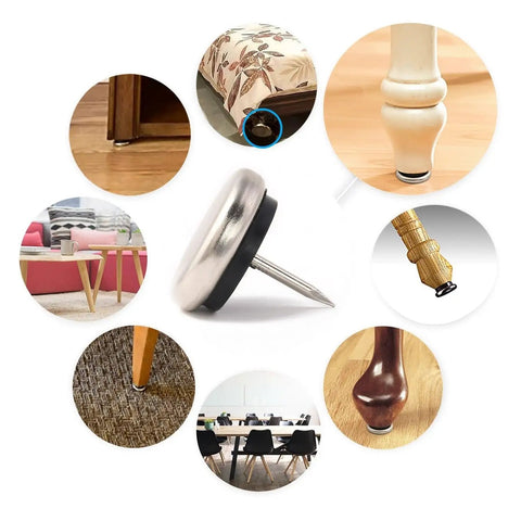 Nail On Furniture Glides For Chairs And Tables, Cushioned Nickel Base, 1 Inch, Grey, 20 Pack, shown in different installation views on furniture.