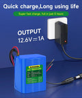 5600mAh 12V Lithium Battery Pack with charger connected, displaying quick charge feature for 12V devices