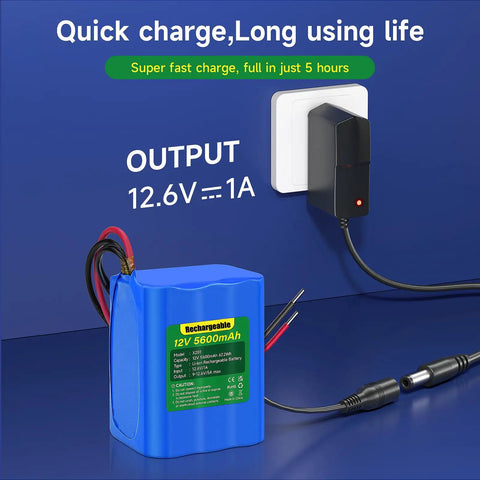 5600mAh 12V Lithium Battery Pack with charger connected, displaying quick charge feature for 12V devices