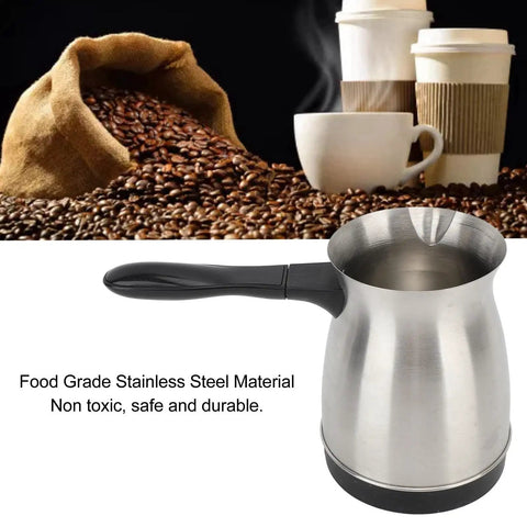 600W Turkish Coffee Maker 600ml Electric Coffee Pot With Anti Scald Handle Portable On The Go Hot Water Kettle For Quick Brews And Easy Pour For Home Use made of food-grade stainless steel with coffee beans and cups in the background.