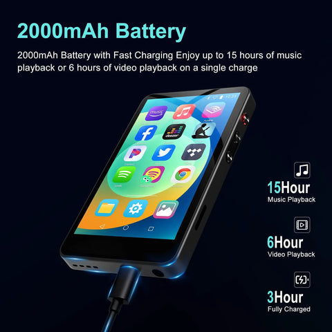 All In One Portable MP3 Player With Bluetooth And Wi Fi 144GB Music Player showing icons, USB charging cable connected