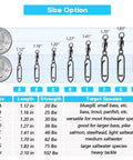 Ball Bearing Swivels With Fishing Speed Clips, 20 Lb Test, 25 Pack, Ultra Smooth Rotation To Prevent Line Twist And Quick Lure Changes, Heavy Duty Tackle Gear For Freshwater And Saltwater Angling, size chart with 20-102 lb options